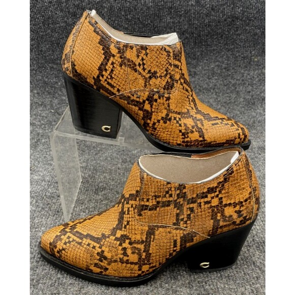 COACH Size 5C Low Western Booties Python Print Block Heel Leather Brown - Picture 2 of 12